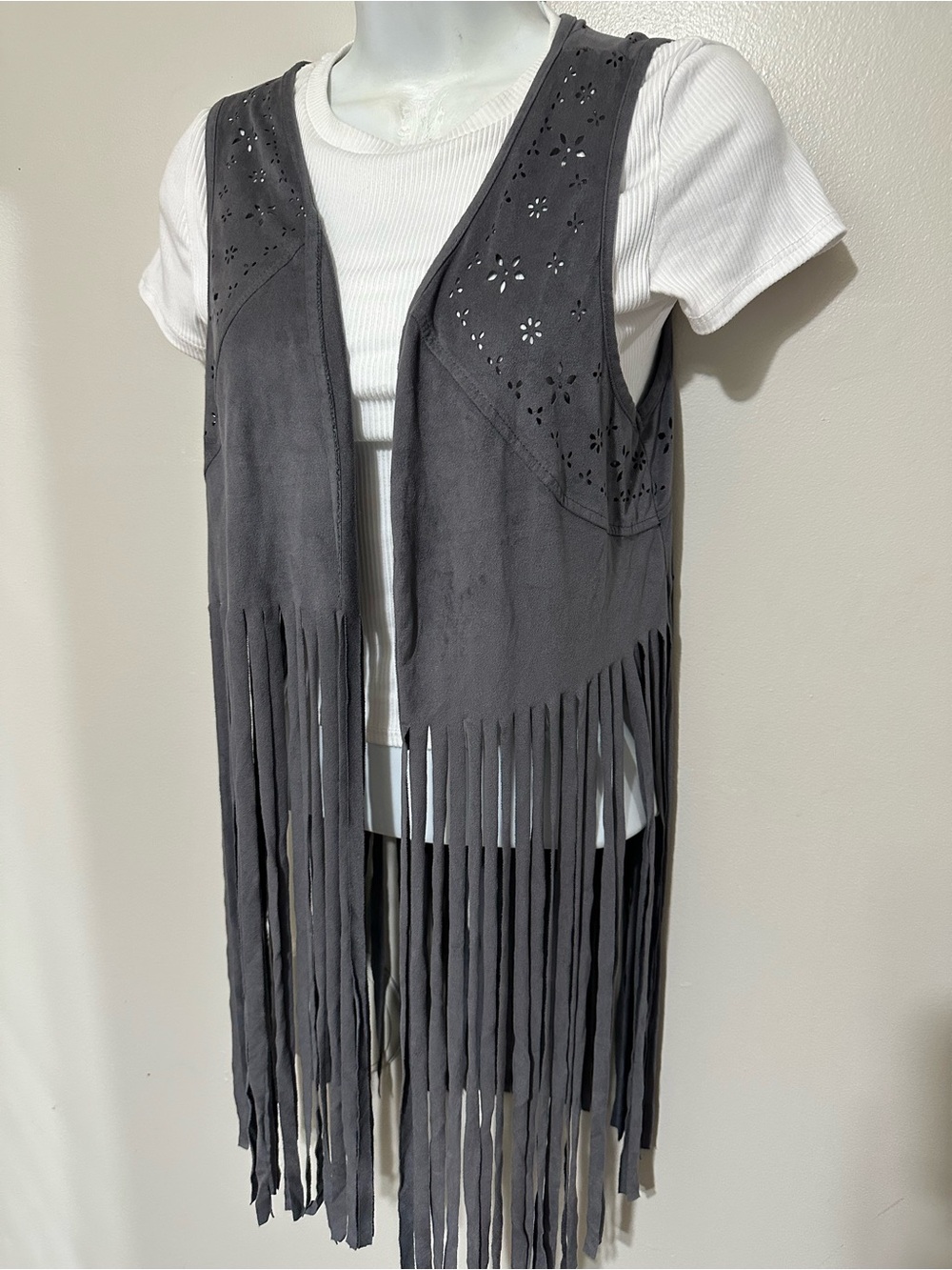 Maurices Charcoal Gray Suede-Style Fringe Vest